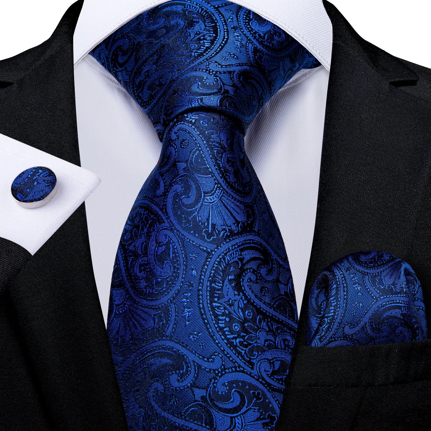 DiBanGu Top Navy Blue Solid Tie for Men 100% Silk Men's Tie Hanky Cufflinks Neck Tie Suit Business Wedding Party Tie Set MJ-7140
