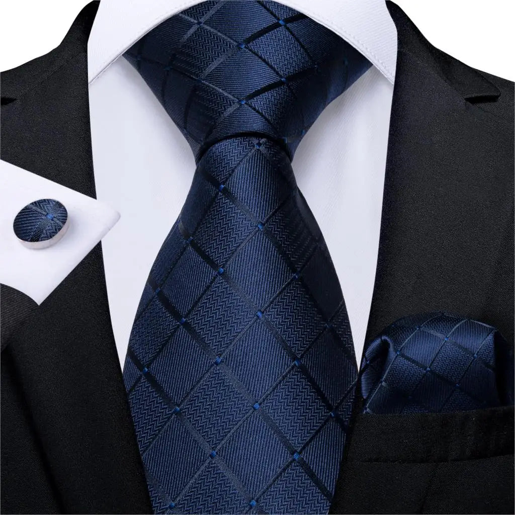 DiBanGu Top Navy Blue Solid Tie for Men 100% Silk Men's Tie Hanky Cufflinks Neck Tie Suit Business Wedding Party Tie Set MJ-7140
