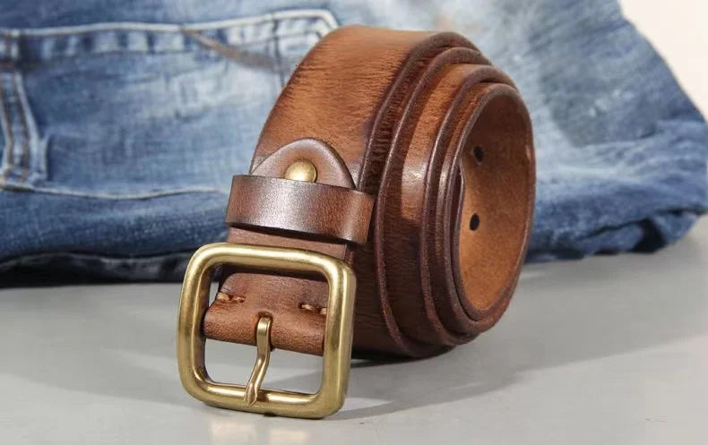 3.8cm Male Leather Copper Buckle Handmade First Pure Cowhide Retro All-match Casual Jeans Soft Belt Brown Black Luxury