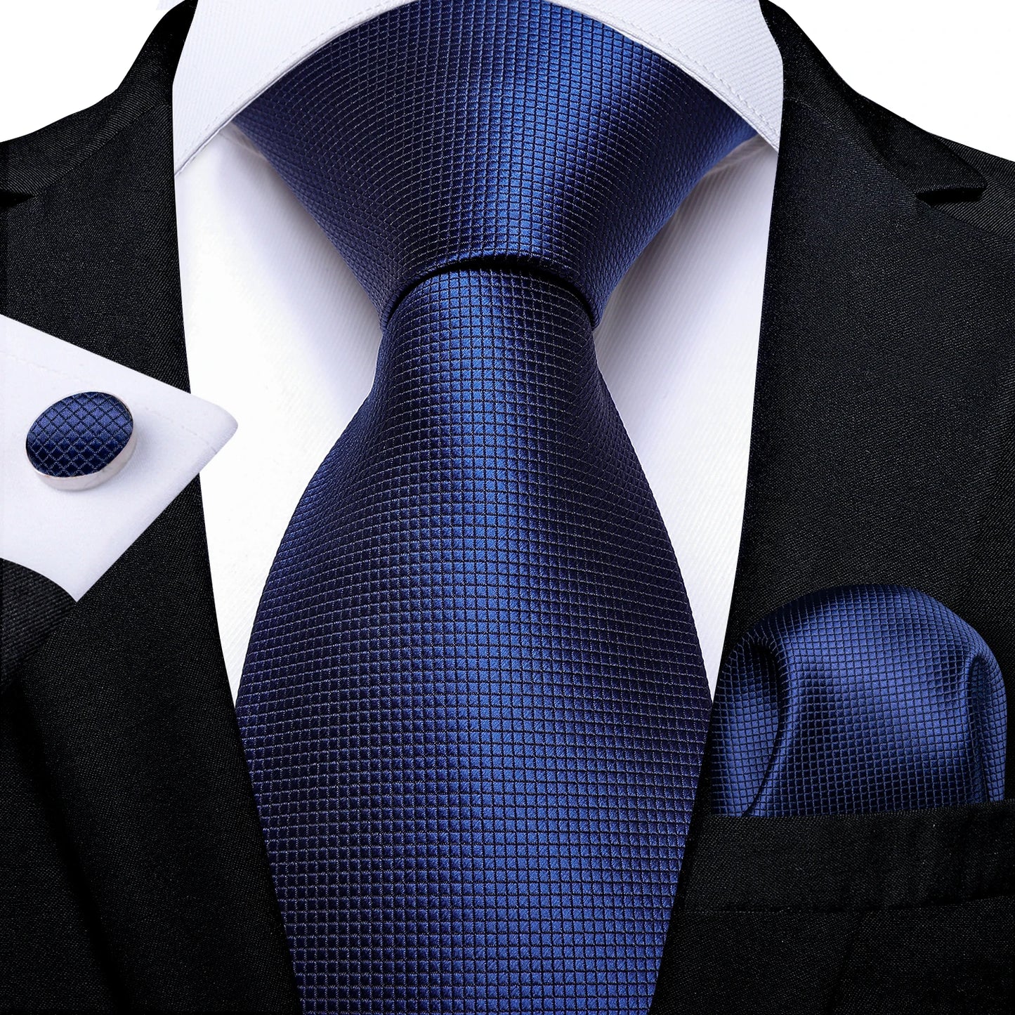DiBanGu Top Navy Blue Solid Tie for Men 100% Silk Men's Tie Hanky Cufflinks Neck Tie Suit Business Wedding Party Tie Set MJ-7140