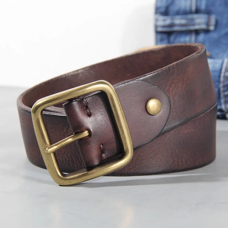 3.8cm Male Leather Copper Buckle Handmade First Pure Cowhide Retro All-match Casual Jeans Soft Belt Brown Black Luxury