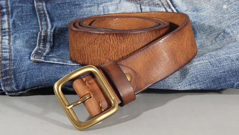 3.8cm Male Leather Copper Buckle Handmade First Pure Cowhide Retro All-match Casual Jeans Soft Belt Brown Black Luxury
