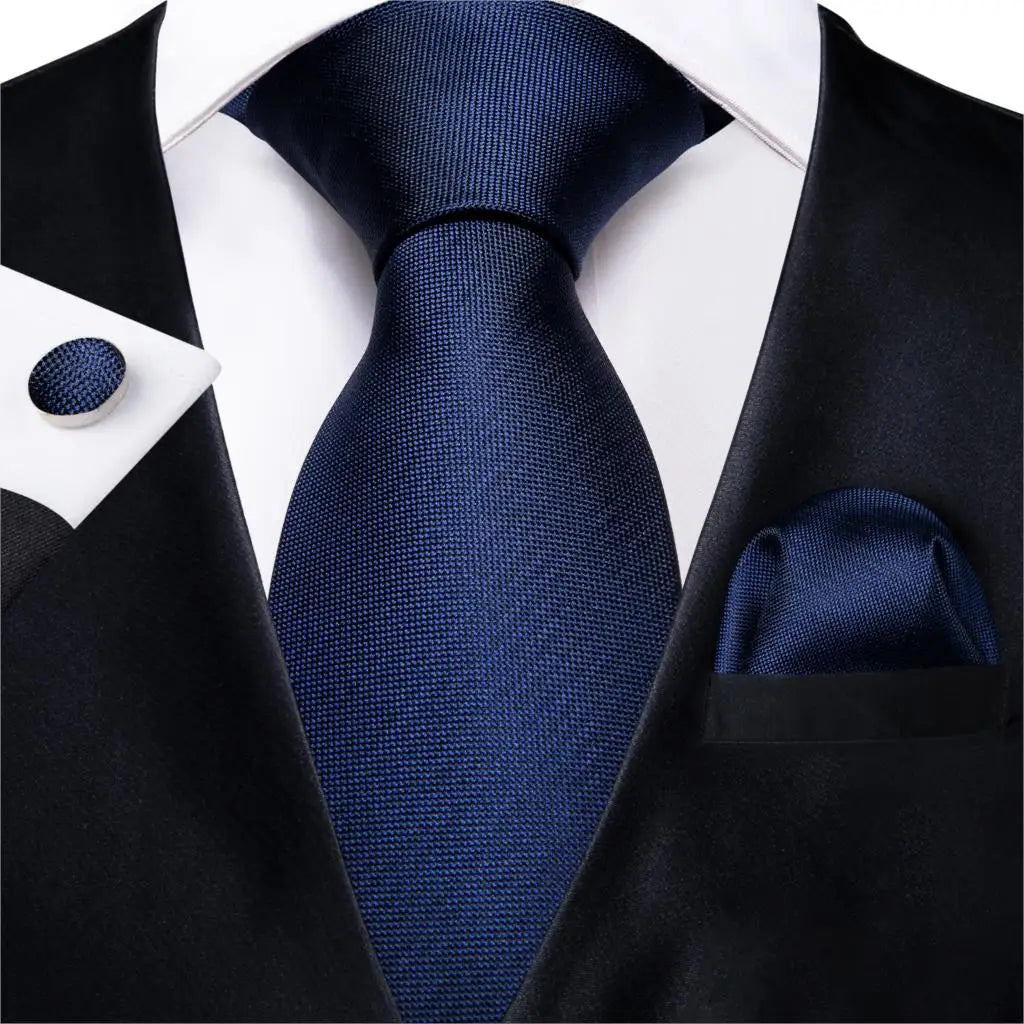 DiBanGu Top Navy Blue Solid Tie for Men 100% Silk Men's Tie Hanky Cufflinks Neck Tie Suit Business Wedding Party Tie Set MJ-7140