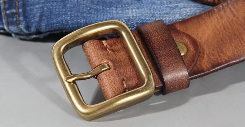 3.8cm Male Leather Copper Buckle Handmade First Pure Cowhide Retro All-match Casual Jeans Soft Belt Brown Black Luxury