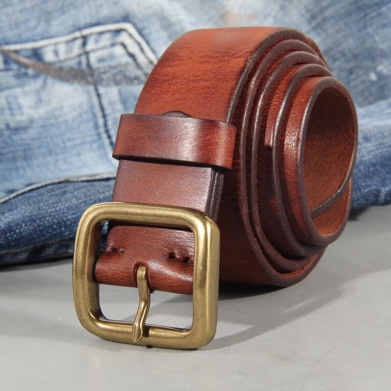 3.8cm Male Leather Copper Buckle Handmade First Pure Cowhide Retro All-match Casual Jeans Soft Belt Brown Black Luxury