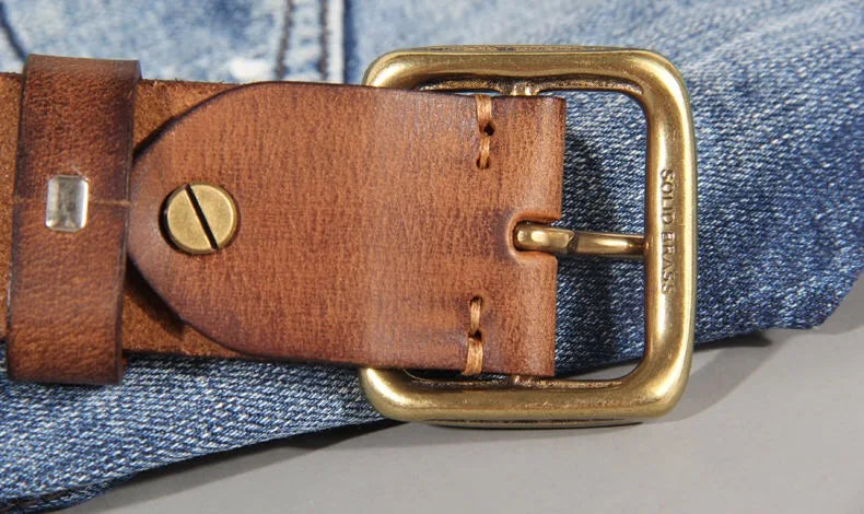 3.8cm Male Leather Copper Buckle Handmade First Pure Cowhide Retro All-match Casual Jeans Soft Belt Brown Black Luxury