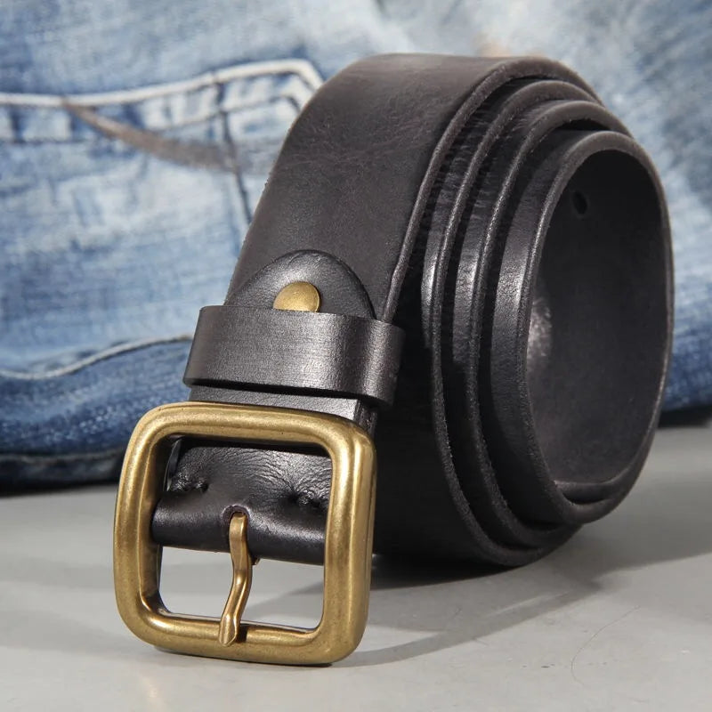 3.8cm Male Leather Copper Buckle Handmade First Pure Cowhide Retro All-match Casual Jeans Soft Belt Brown Black Luxury