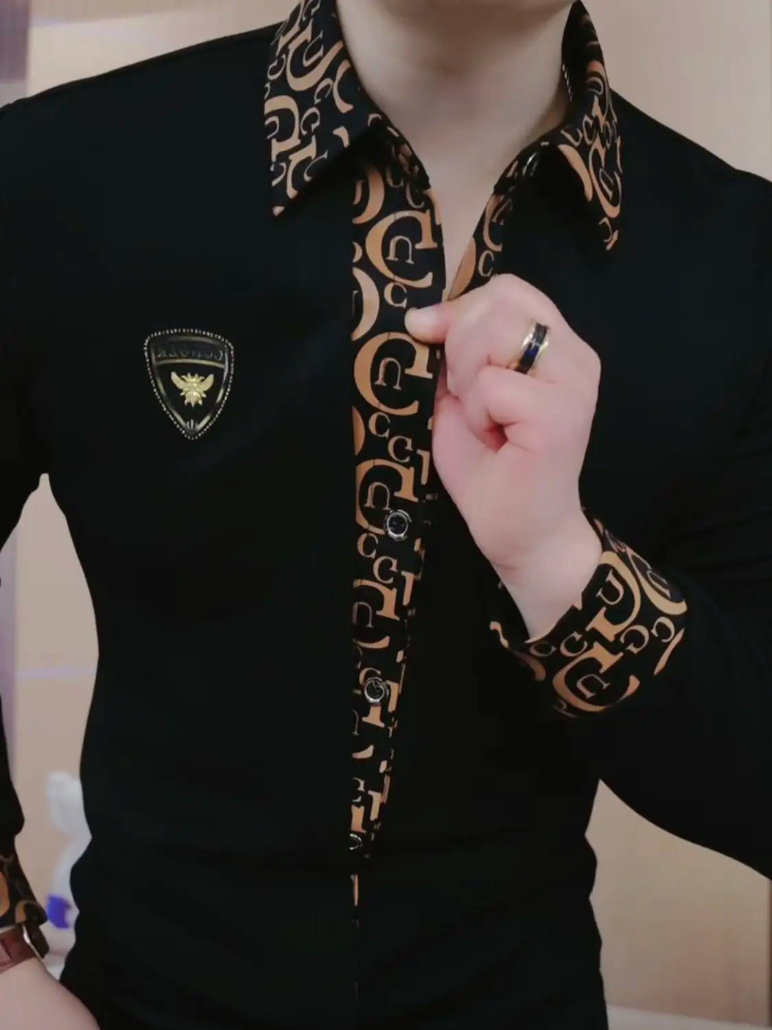 Men's Long Sleeved Light Luxury Business Handsome Lapel Korean Version Fake Two Pieces Youth Trend