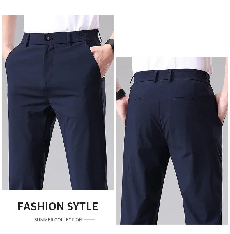 Ultra-thin Elastic Men's Casual Trousers Summer Quick-drying Ice Silk Slim Straight Business Solid Color Trousers Black Gray