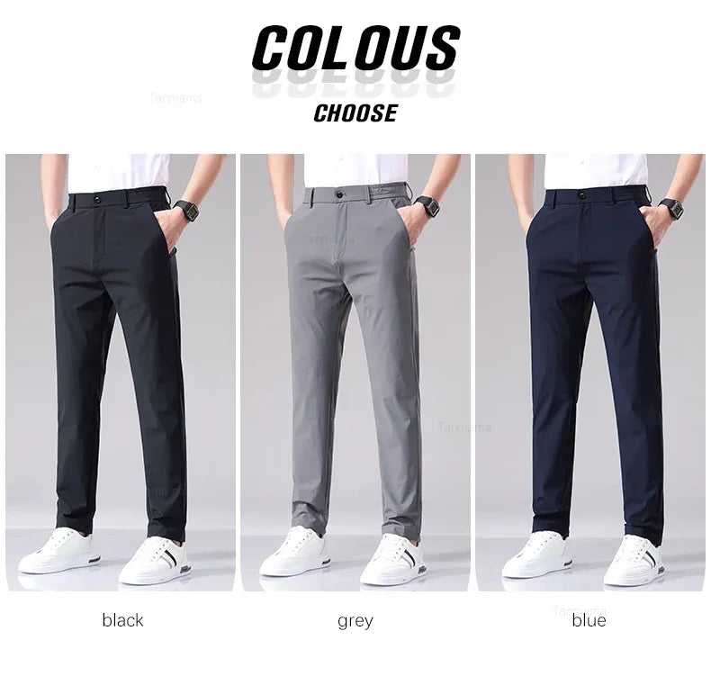 Ultra-thin Elastic Men's Casual Trousers Summer Quick-drying Ice Silk Slim Straight Business Solid Color Trousers Black Gray
