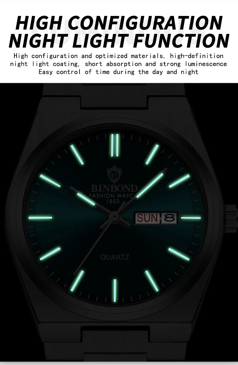 BINBOND Luxury Quartz Man Wristwatch Sport Men Watches Waterproof Luminous Date Week Stainless Steel Men's Watch Male Reloj+box