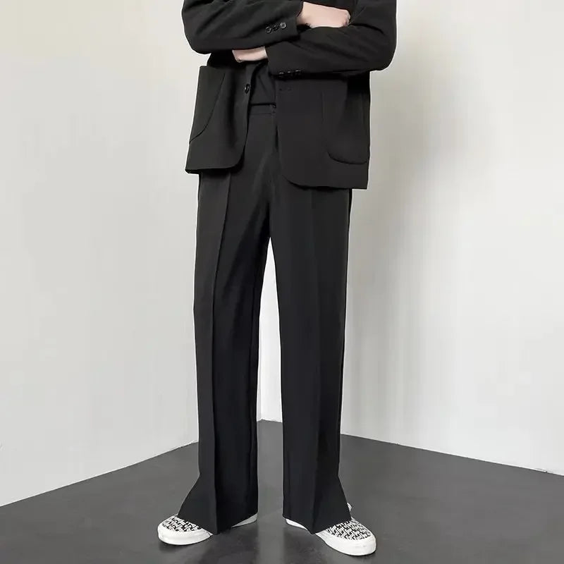 Men's Straight Baggy Casual Pants Korean Slit Personality Suit Trousers Fashion Formal Business Male Streetwear Gray Khaki Black