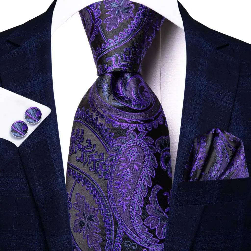 Hi-Tie Red Pureple Paisley Mens Ties Hanky Cufflinks Set Silk Necktie For Men Wedding Party Business 2022 New Fashion Brand