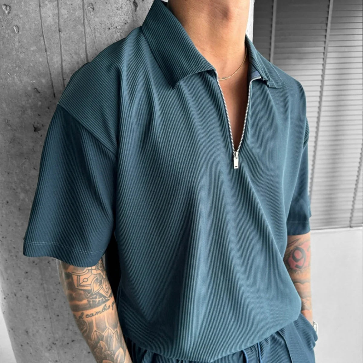 2025 summer men's new zipper polo casual short-sleeved drawstring shorts men's suit men's solid color casual sports fashion suit