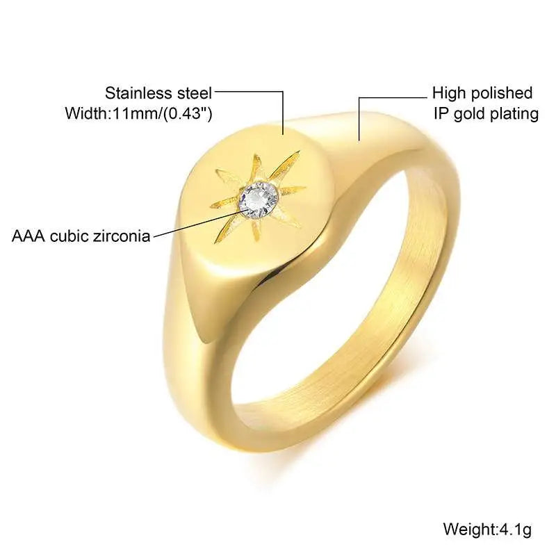 Pinky Ring, Signet Ring, Men Women Ring,Stainless Steel Floral Signet Rings,CZ North Star Celestial Ring