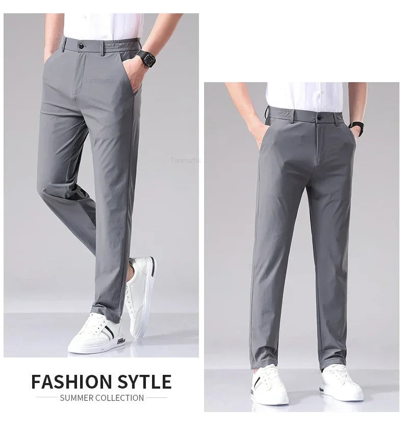 Ultra-thin Elastic Men's Casual Trousers Summer Quick-drying Ice Silk Slim Straight Business Solid Color Trousers Black Gray