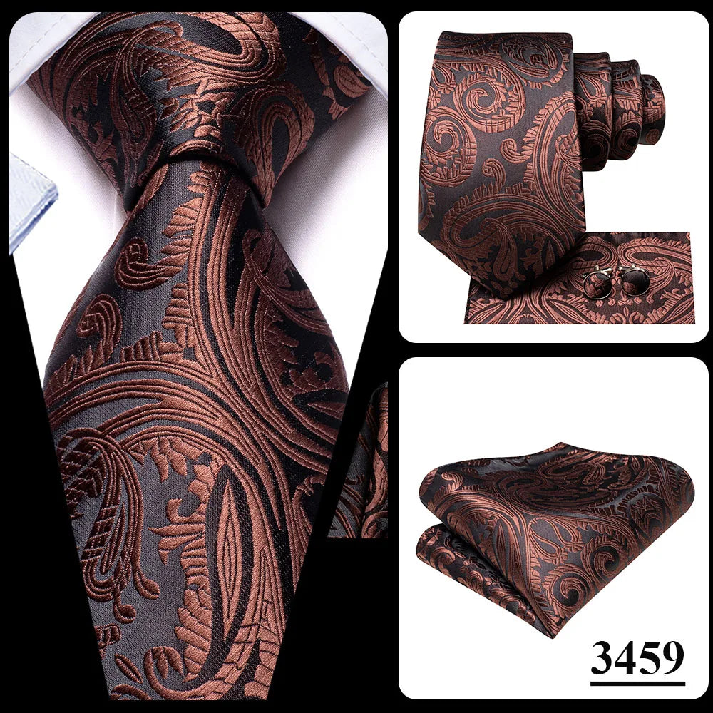 Hi-Tie Red Pureple Paisley Mens Ties Hanky Cufflinks Set Silk Necktie For Men Wedding Party Business 2022 New Fashion Brand