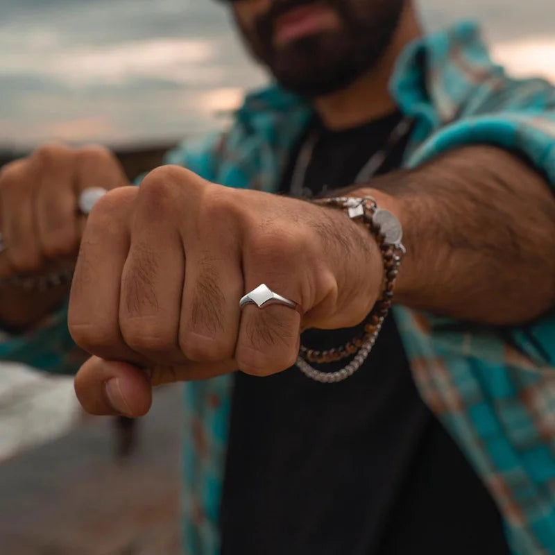 Pinky Ring, Signet Ring, Men Women Ring,Stainless Steel Floral Signet Rings,CZ North Star Celestial Ring
