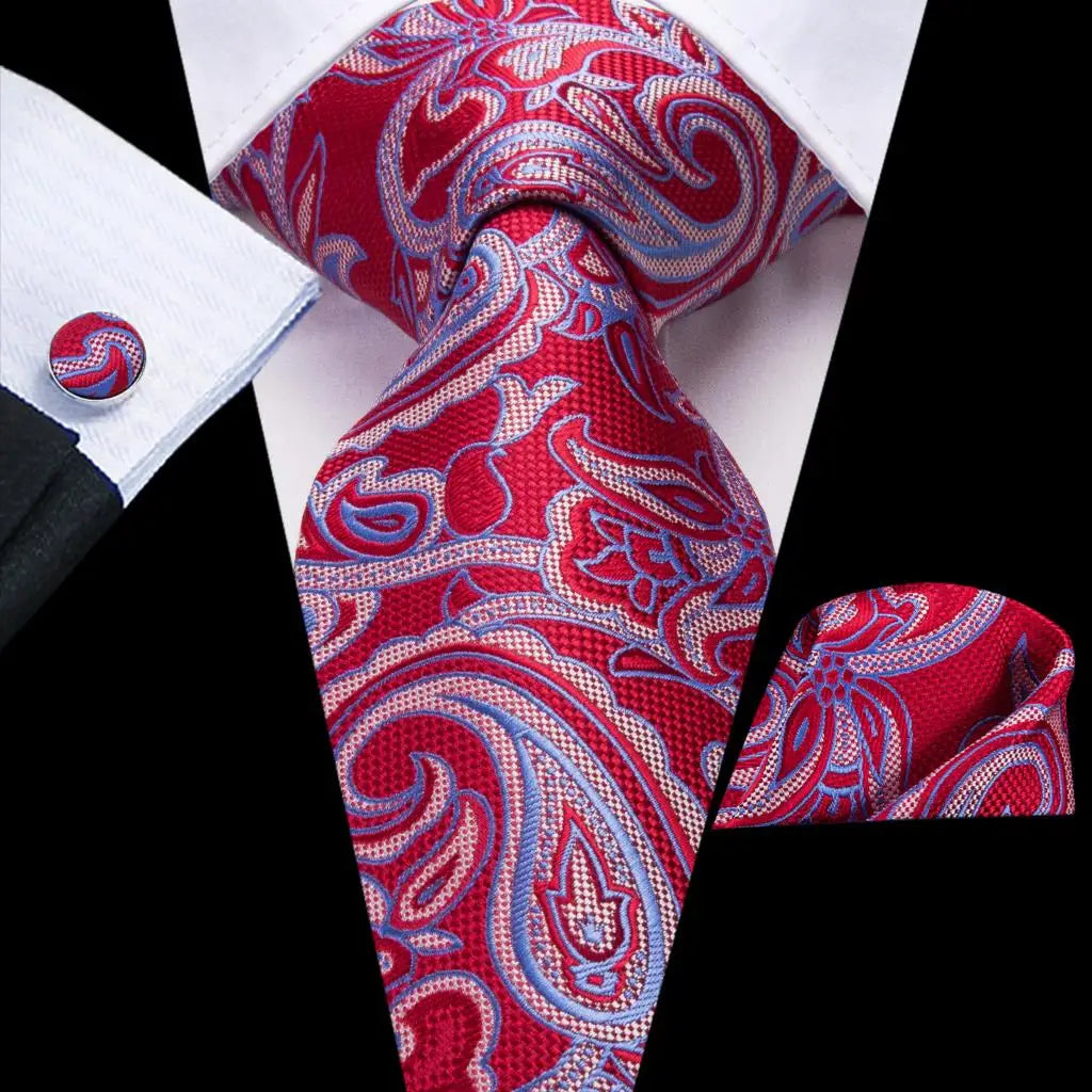 Hi-Tie Red Pureple Paisley Mens Ties Hanky Cufflinks Set Silk Necktie For Men Wedding Party Business 2022 New Fashion Brand