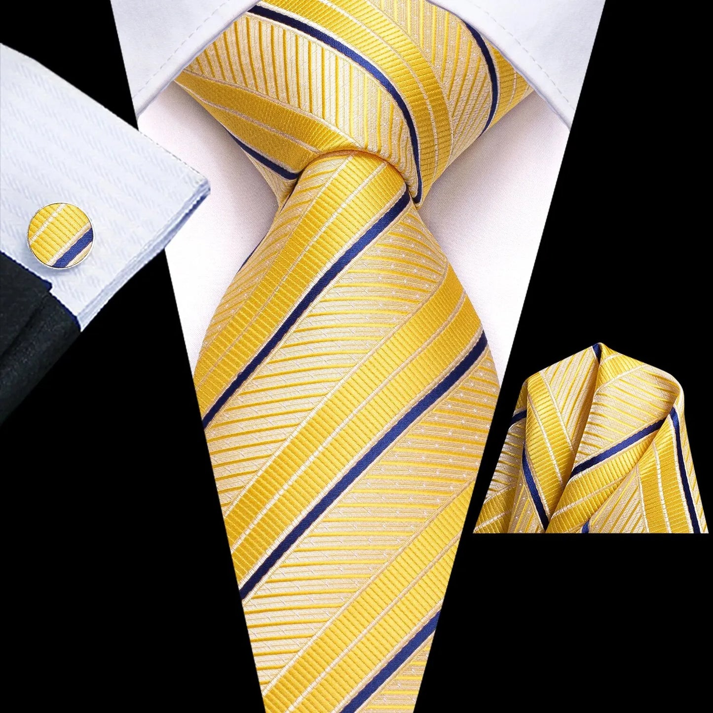 Hi-Tie Striped Black Red Gold Green Silk Wedding Tie For Men Handky Cufflink Gift Men Necktie Fashion Designer Business Party