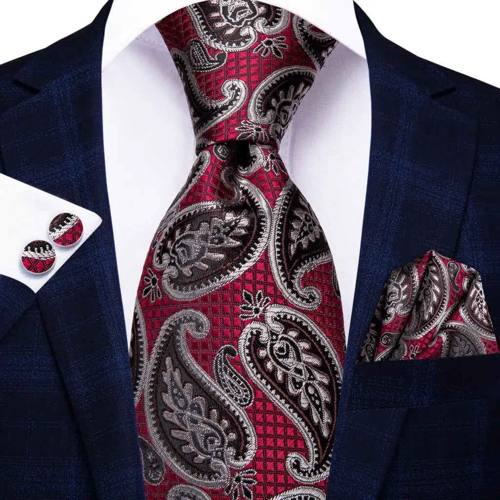 Hi-Tie Red Pureple Paisley Mens Ties Hanky Cufflinks Set Silk Necktie For Men Wedding Party Business 2022 New Fashion Brand