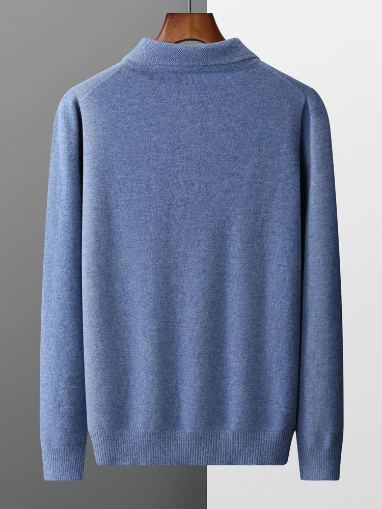 Men's Lapel Knit Pullover 100% Pure Wool Sweater Large Size Spring Autumn Winter Warm Tops Youth Casual Polo Collar T-shirt