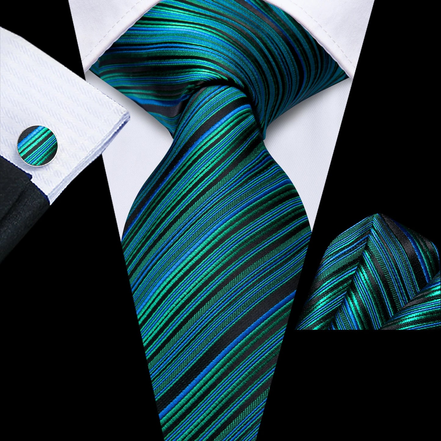 Hi-Tie Striped Black Red Gold Green Silk Wedding Tie For Men Handky Cufflink Gift Men Necktie Fashion Designer Business Party