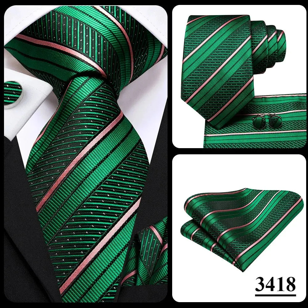 Hi-Tie Striped Black Red Gold Green Silk Wedding Tie For Men Handky Cufflink Gift Men Necktie Fashion Designer Business Party