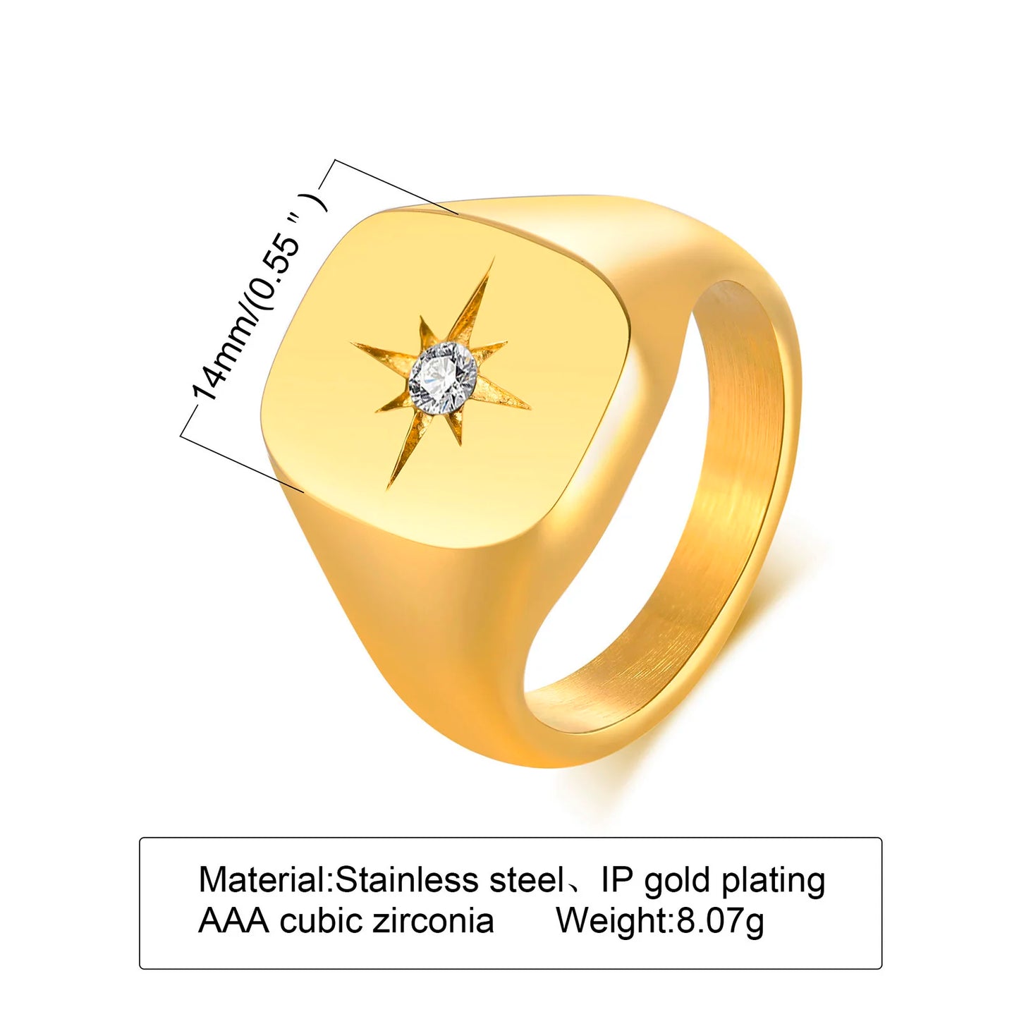 Pinky Ring, Signet Ring, Men Women Ring,Stainless Steel Floral Signet Rings,CZ North Star Celestial Ring