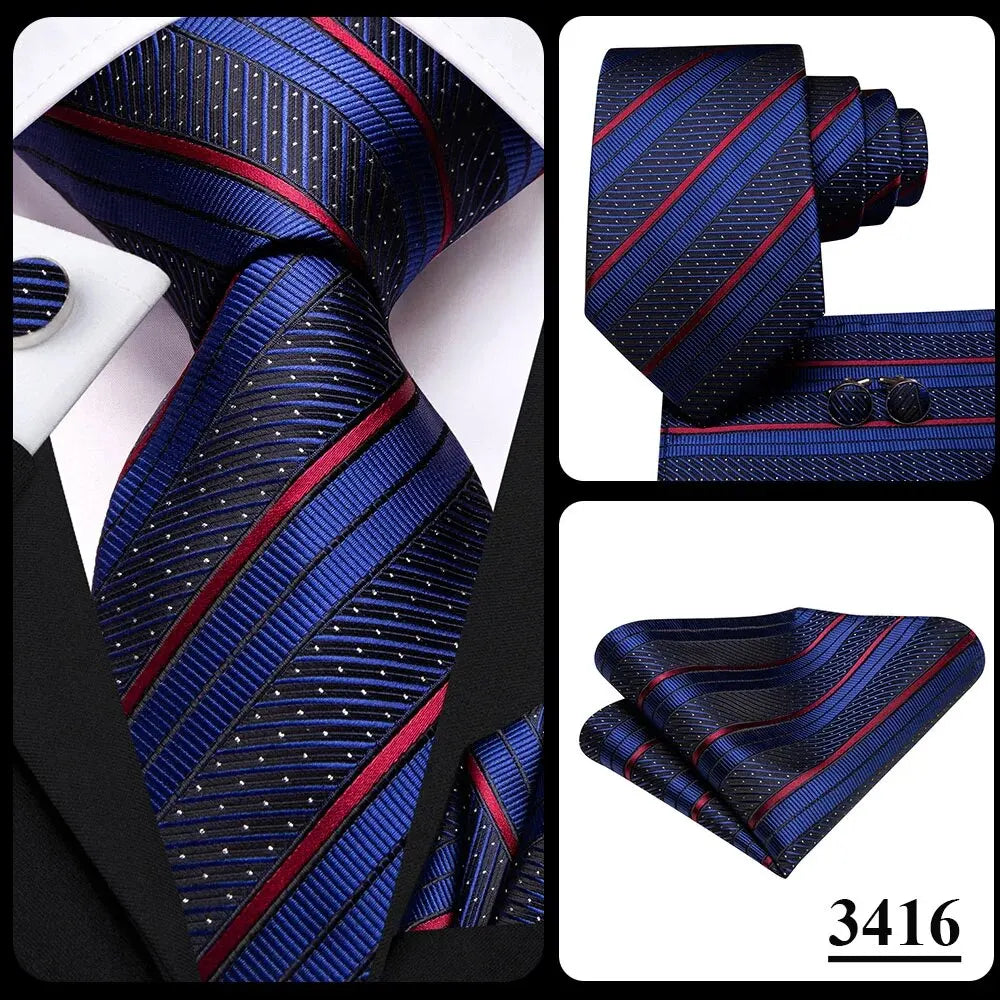 Hi-Tie Striped Black Red Gold Green Silk Wedding Tie For Men Handky Cufflink Gift Men Necktie Fashion Designer Business Party