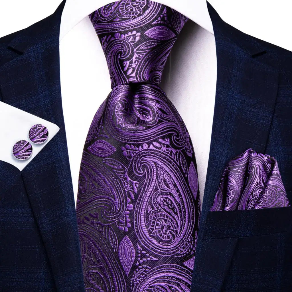 Hi-Tie Red Pureple Paisley Mens Ties Hanky Cufflinks Set Silk Necktie For Men Wedding Party Business 2022 New Fashion Brand