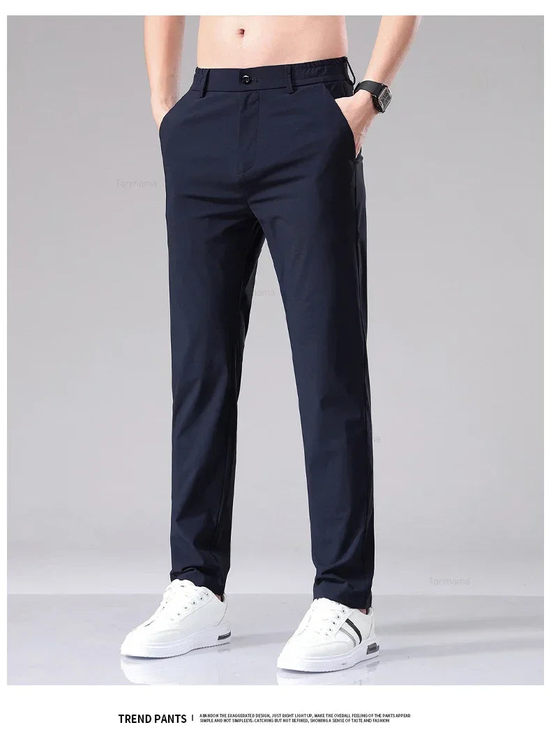 Ultra-thin Elastic Men's Casual Trousers Summer Quick-drying Ice Silk Slim Straight Business Solid Color Trousers Black Gray