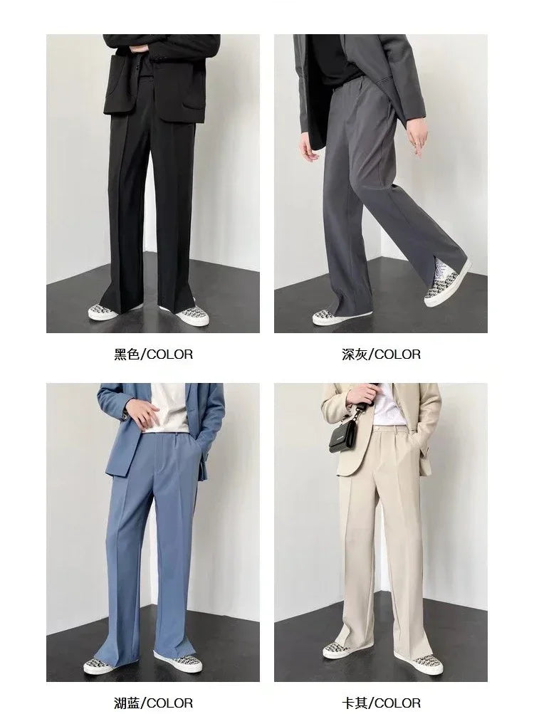 Men's Straight Baggy Casual Pants Korean Slit Personality Suit Trousers Fashion Formal Business Male Streetwear Gray Khaki Black