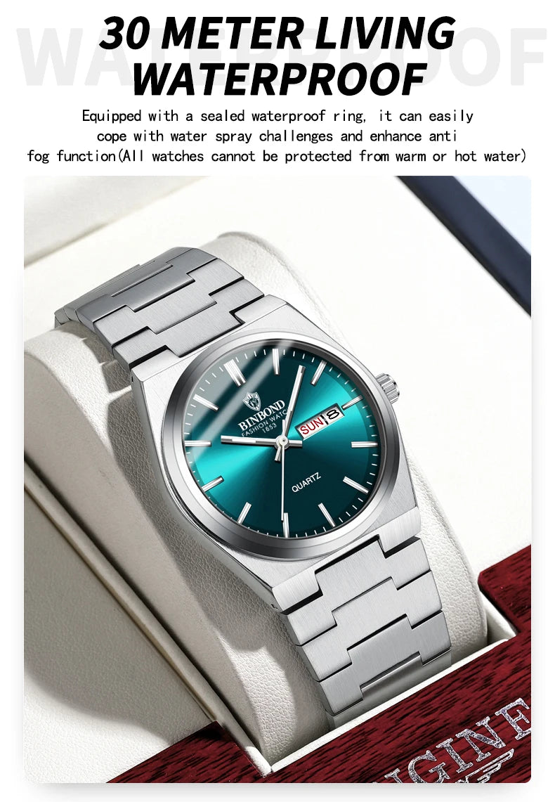 BINBOND Luxury Quartz Man Wristwatch Sport Men Watches Waterproof Luminous Date Week Stainless Steel Men's Watch Male Reloj+box