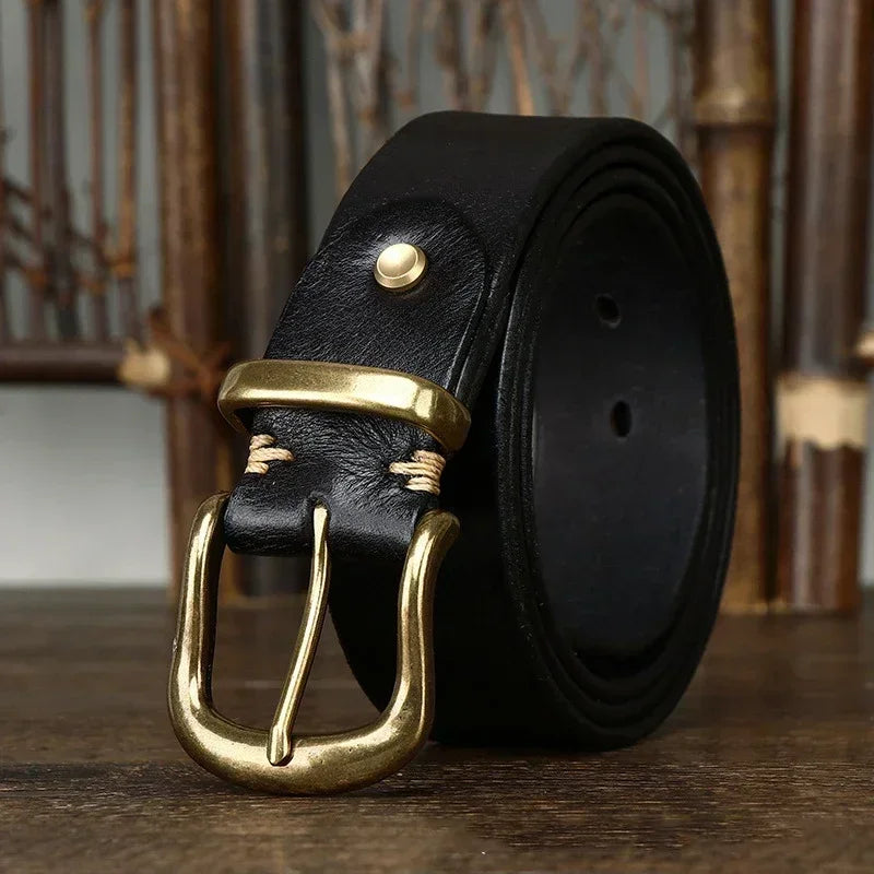 3.8CM Pure Cowhide Genuine Leather for Men High Quality Jeans Brass Buckle Belts Cowboy Waistband Male Fashion Designer Luxury