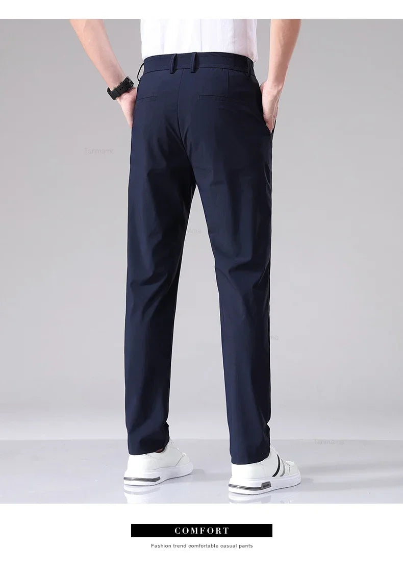 Ultra-thin Elastic Men's Casual Trousers Summer Quick-drying Ice Silk Slim Straight Business Solid Color Trousers Black Gray