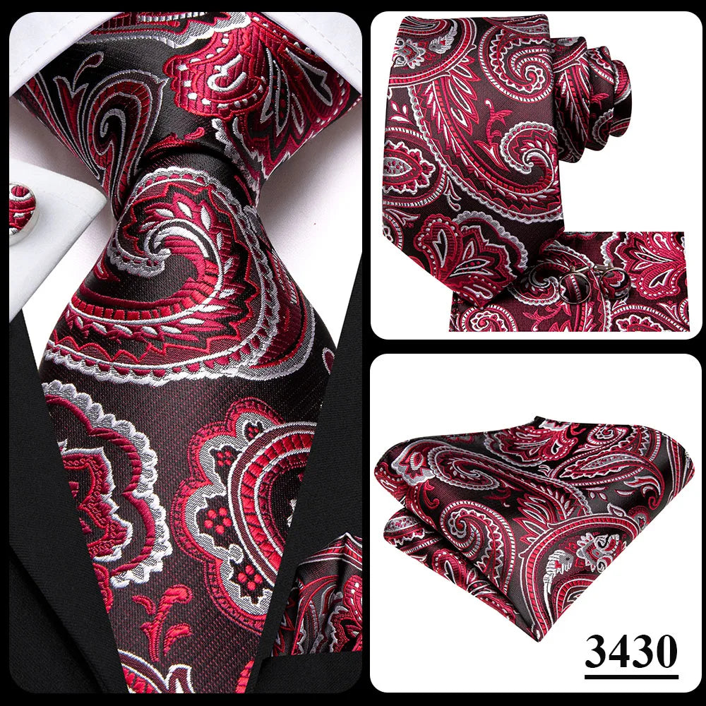 Hi-Tie Red Pureple Paisley Mens Ties Hanky Cufflinks Set Silk Necktie For Men Wedding Party Business 2022 New Fashion Brand