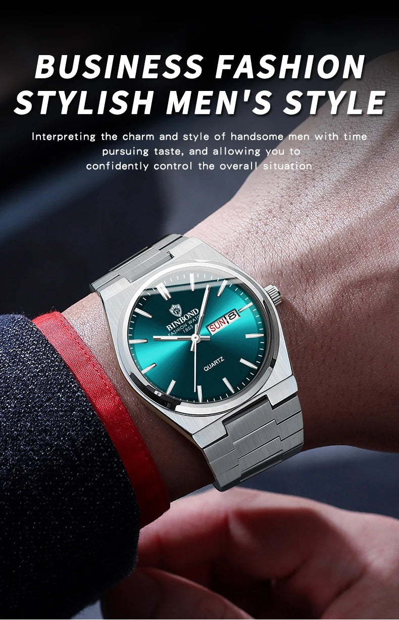 BINBOND Luxury Quartz Man Wristwatch Sport Men Watches Waterproof Luminous Date Week Stainless Steel Men's Watch Male Reloj+box