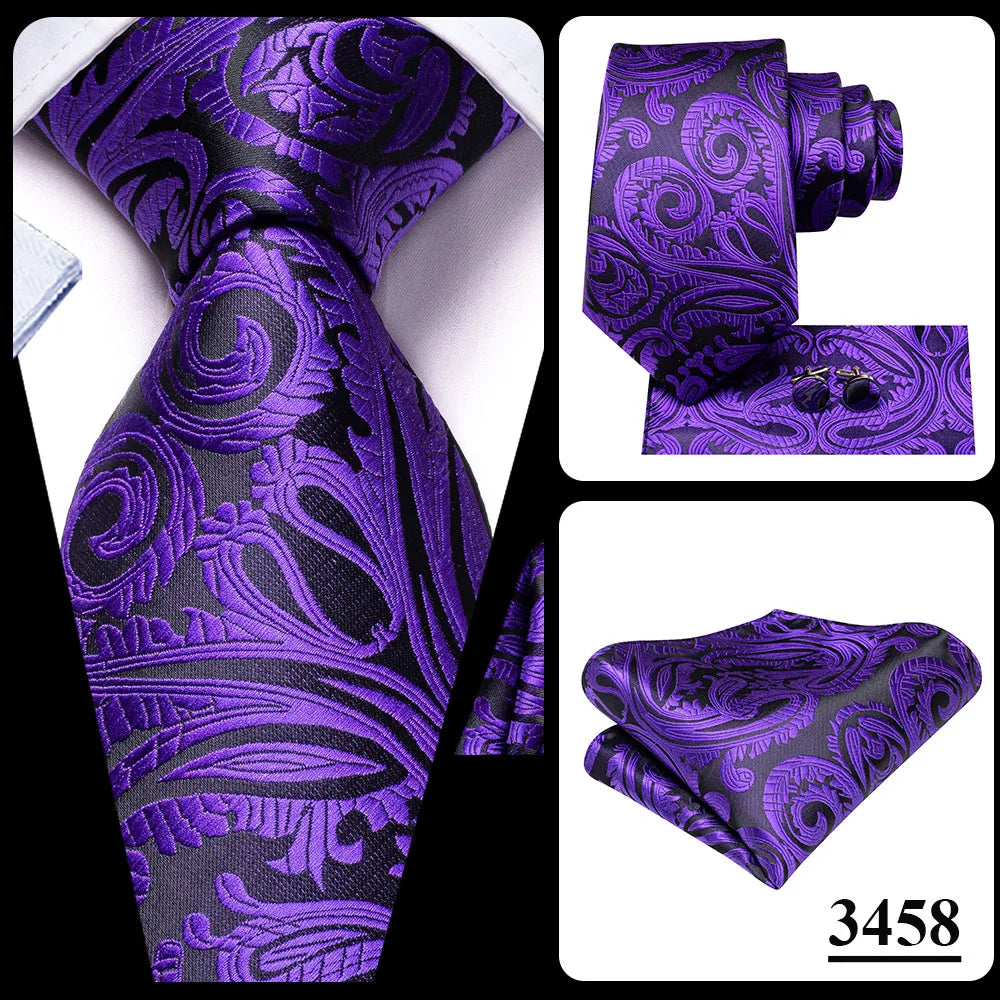 Hi-Tie Red Pureple Paisley Mens Ties Hanky Cufflinks Set Silk Necktie For Men Wedding Party Business 2022 New Fashion Brand