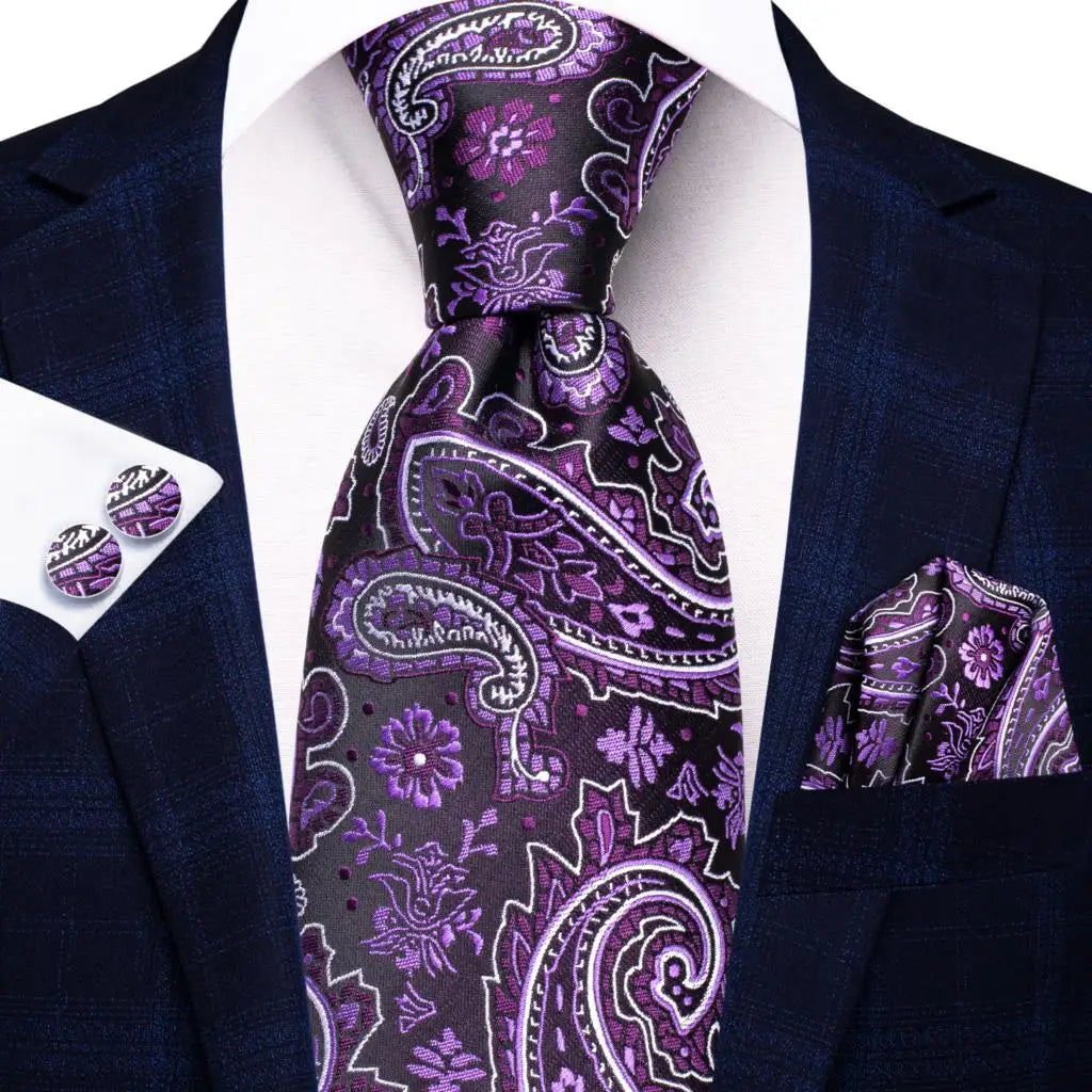 Hi-Tie Red Pureple Paisley Mens Ties Hanky Cufflinks Set Silk Necktie For Men Wedding Party Business 2022 New Fashion Brand