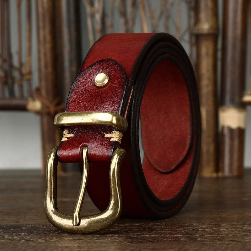 3.8CM Pure Cowhide Genuine Leather for Men High Quality Jeans Brass Buckle Belts Cowboy Waistband Male Fashion Designer Luxury