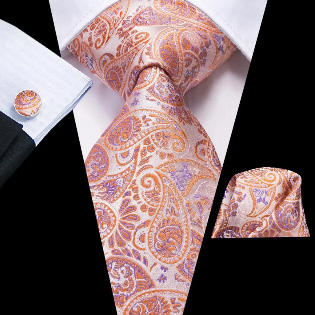 Hi-Tie Red Pureple Paisley Mens Ties Hanky Cufflinks Set Silk Necktie For Men Wedding Party Business 2022 New Fashion Brand