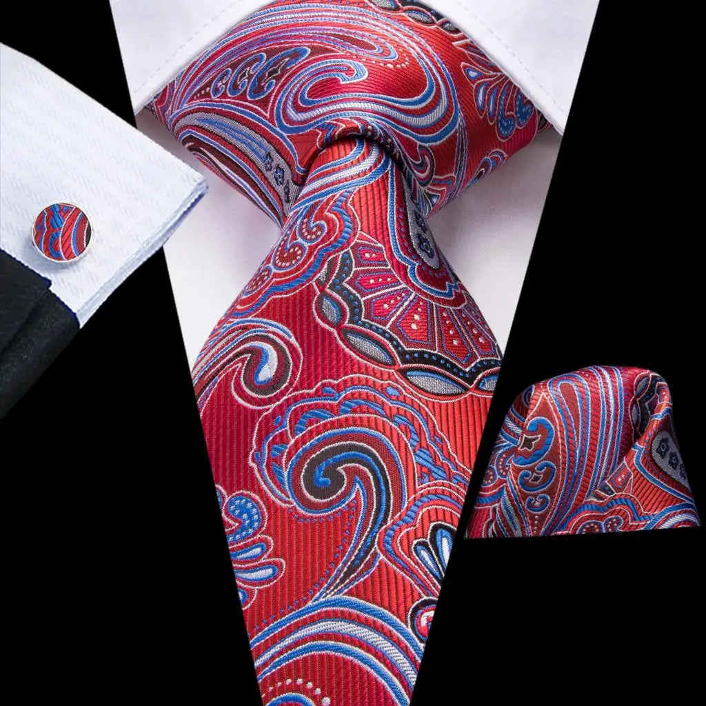 Hi-Tie Red Pureple Paisley Mens Ties Hanky Cufflinks Set Silk Necktie For Men Wedding Party Business 2022 New Fashion Brand