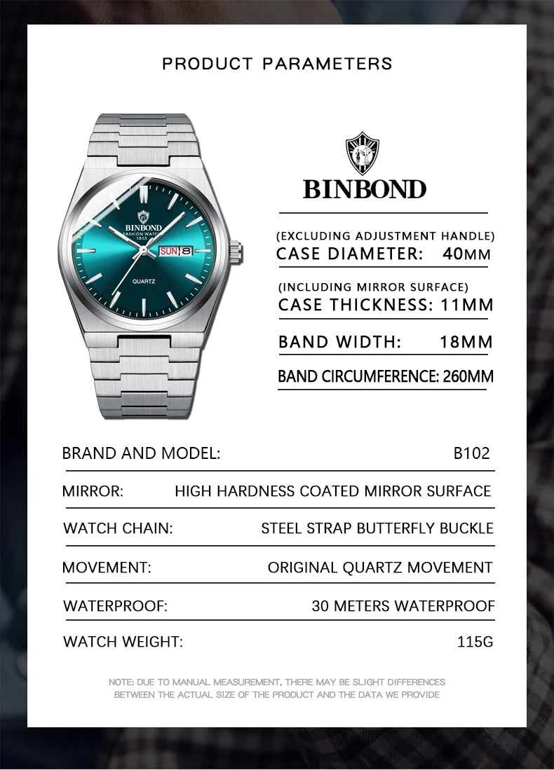 BINBOND Luxury Quartz Man Wristwatch Sport Men Watches Waterproof Luminous Date Week Stainless Steel Men's Watch Male Reloj+box