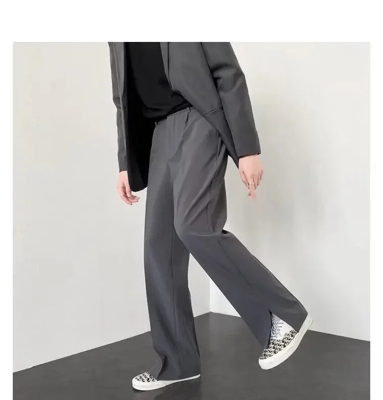 Men's Straight Baggy Casual Pants Korean Slit Personality Suit Trousers Fashion Formal Business Male Streetwear Gray Khaki Black