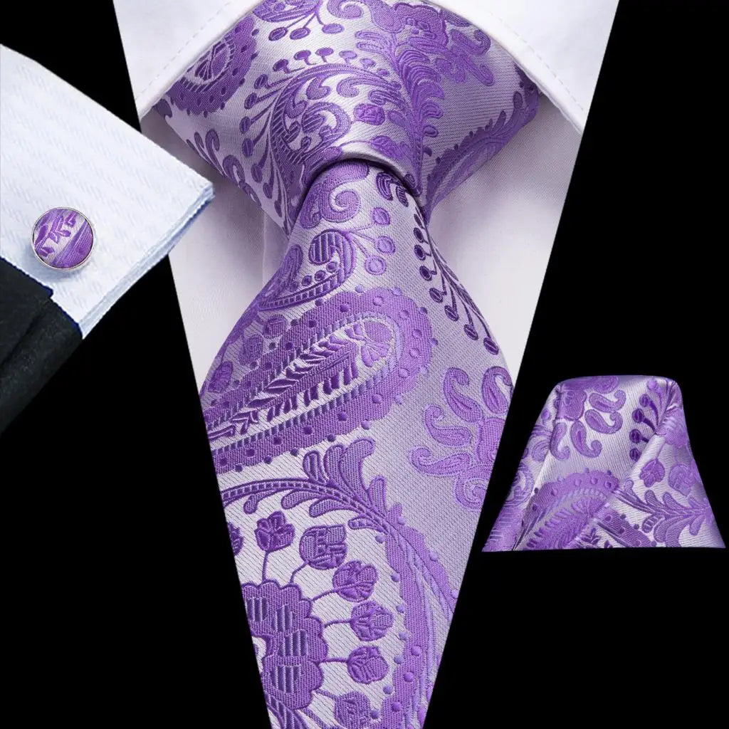 Hi-Tie Red Pureple Paisley Mens Ties Hanky Cufflinks Set Silk Necktie For Men Wedding Party Business 2022 New Fashion Brand