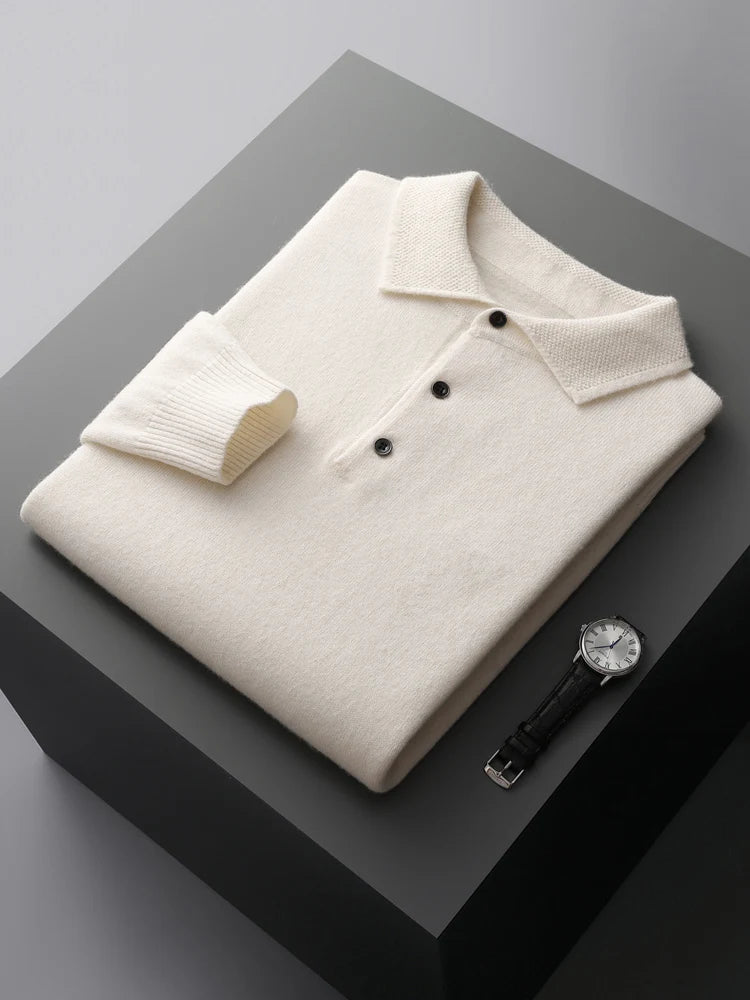 Men's Lapel Knit Pullover 100% Pure Wool Sweater Large Size Spring Autumn Winter Warm Tops Youth Casual Polo Collar T-shirt