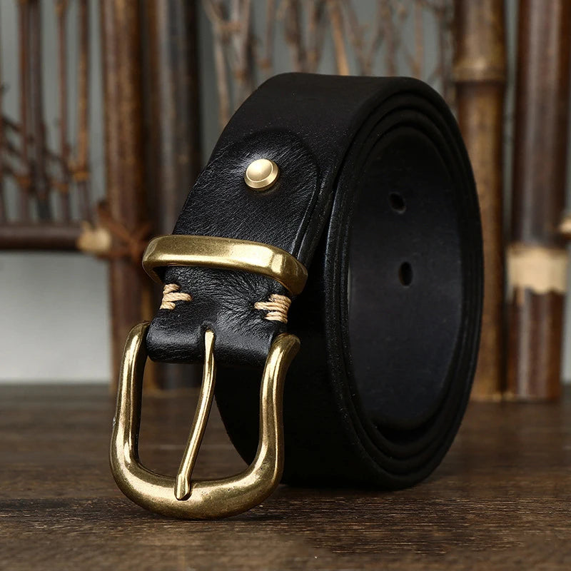 3.8CM Pure Cowhide Genuine Leather for Men High Quality Jeans Brass Buckle Belts Cowboy Waistband Male Fashion Designer Luxury