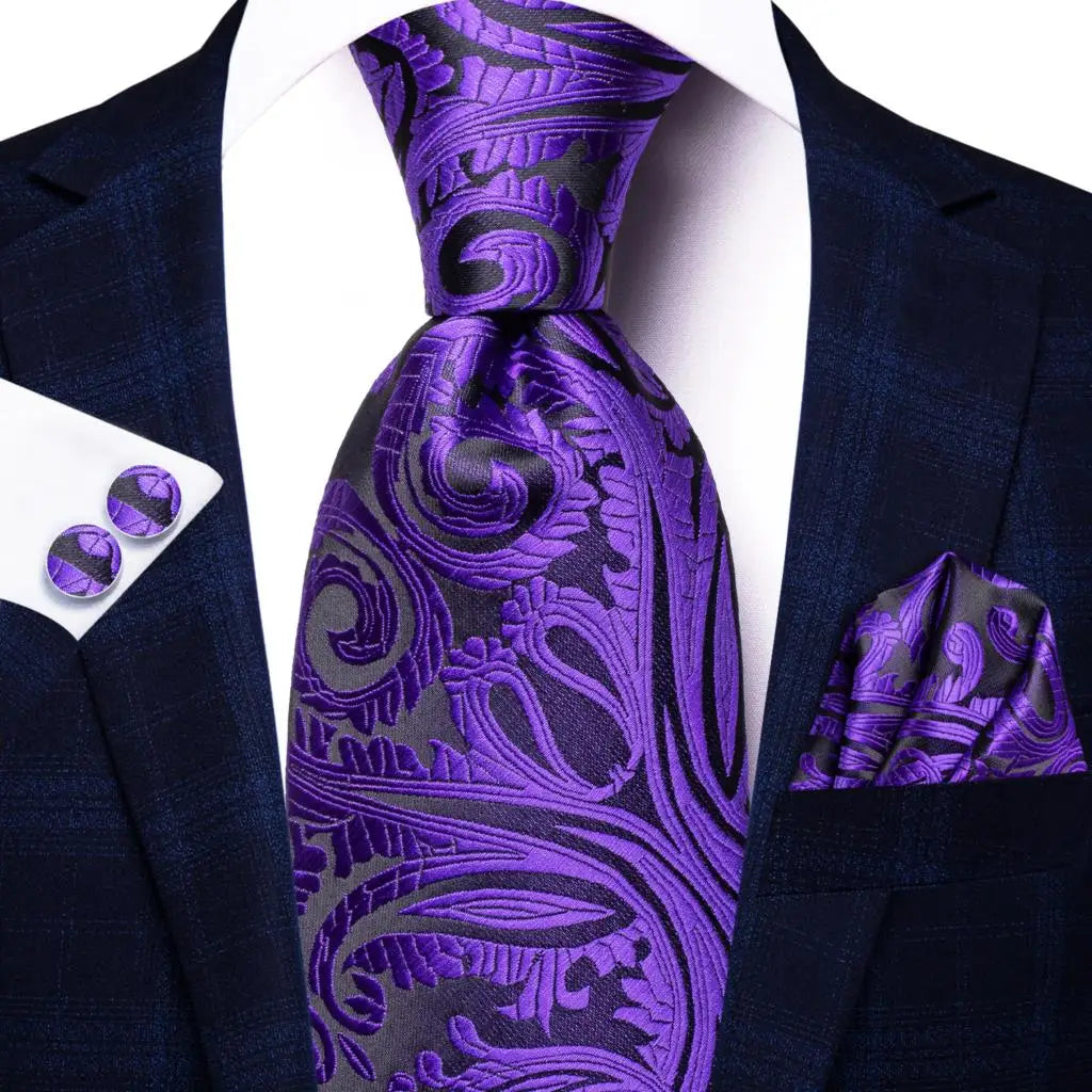 Hi-Tie Red Pureple Paisley Mens Ties Hanky Cufflinks Set Silk Necktie For Men Wedding Party Business 2022 New Fashion Brand