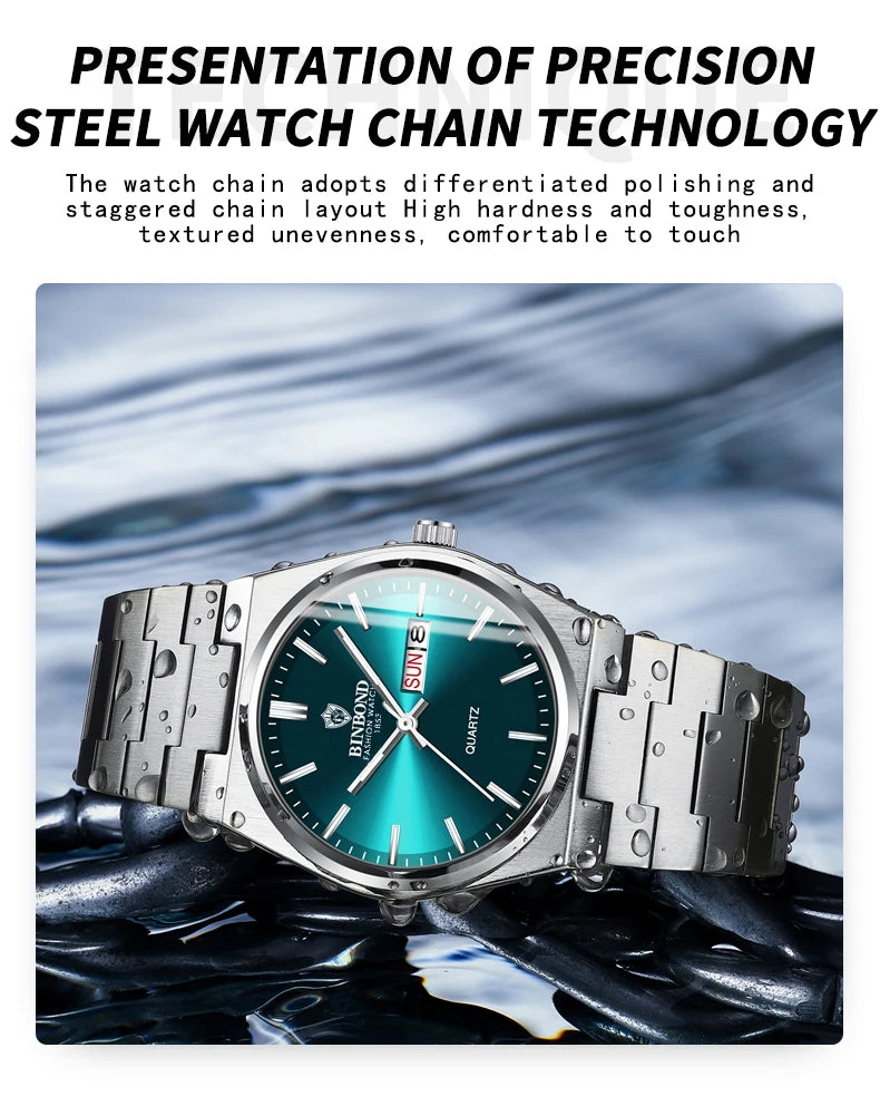 BINBOND Luxury Quartz Man Wristwatch Sport Men Watches Waterproof Luminous Date Week Stainless Steel Men's Watch Male Reloj+box